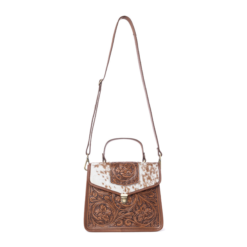 Duchess Hairon Handtooled Flap and Button Leather Satchel in Mocha Cream