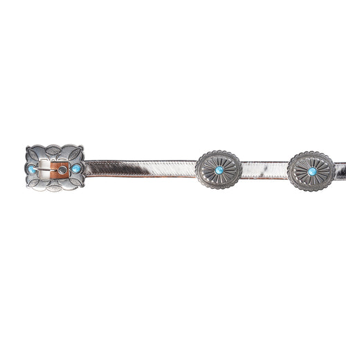 Floracrest Hairon Concho Belt for Women with Handtooling and Turquoise Stone Buckle