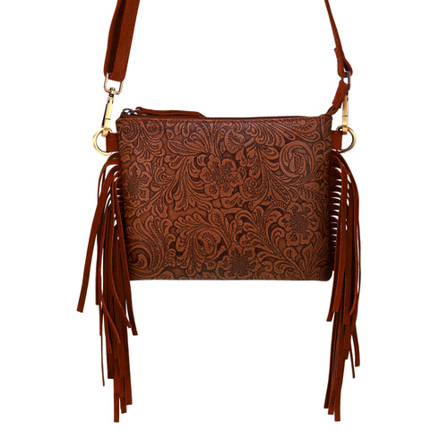 Tasajillo Crossbody Bag for Women in brown with embossed leather and fringe