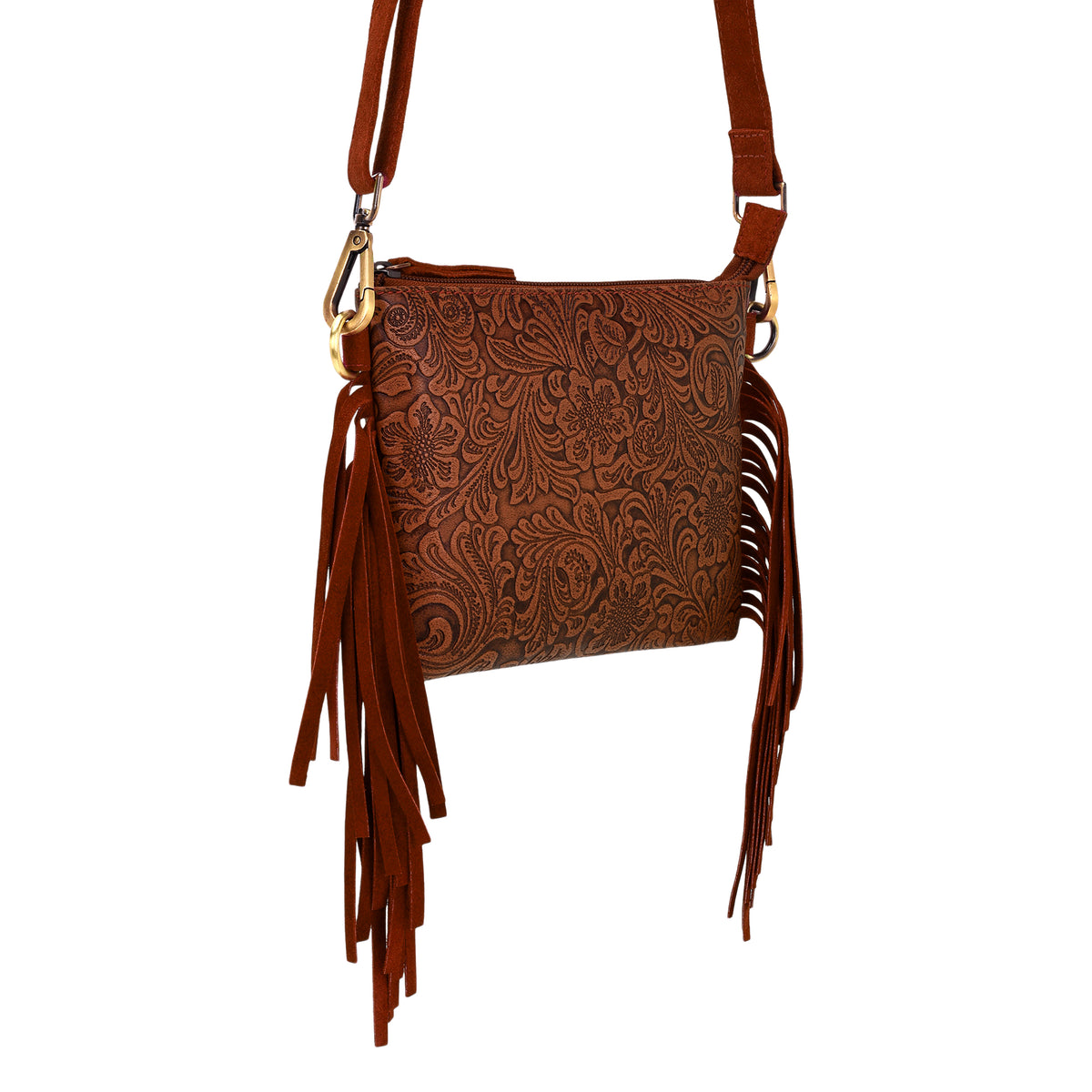 Tasajillo Crossbody Bag for Women in brown with embossed leather and fringe