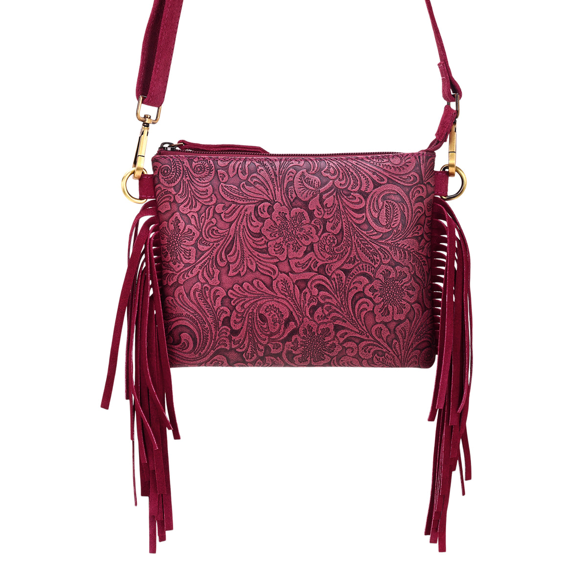Tasajillo Crossbody Bag for Women in berry with embossed leather and fringe