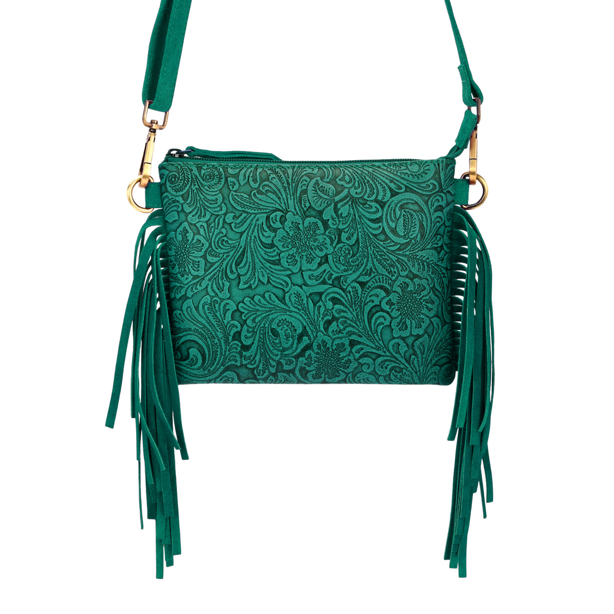 Tasajillo Crossbody Bag for Women in green with embossed leather and fringe