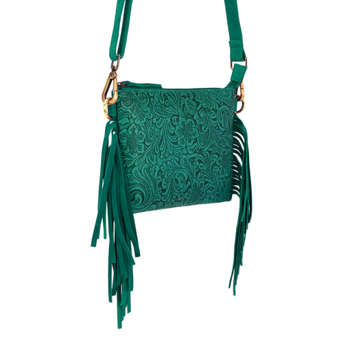 Tasajillo Crossbody Bag for Women in green with embossed leather and fringe