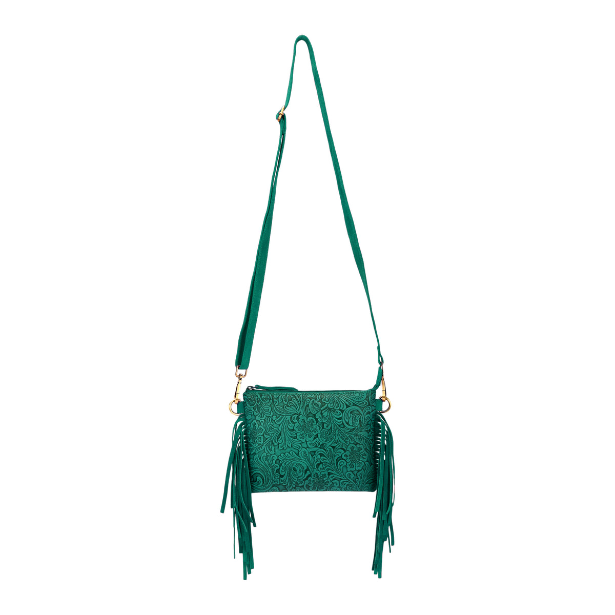 Tasajillo Crossbody Bag for Women in green with embossed leather and fringe