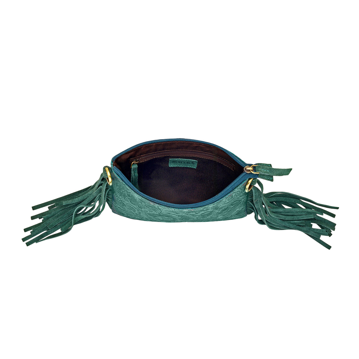 Tasajillo Crossbody Bag for Women in green with embossed leather and fringe
