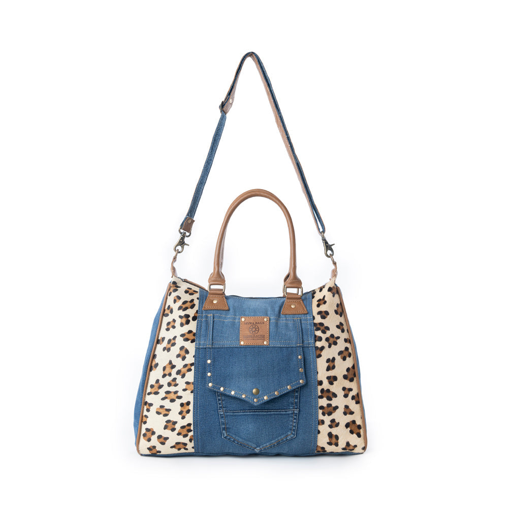 Myra Canyon Crest Tote Bag in Leopard Denim