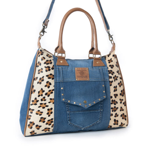 Myra Canyon Crest Tote Bag in Leopard Denim