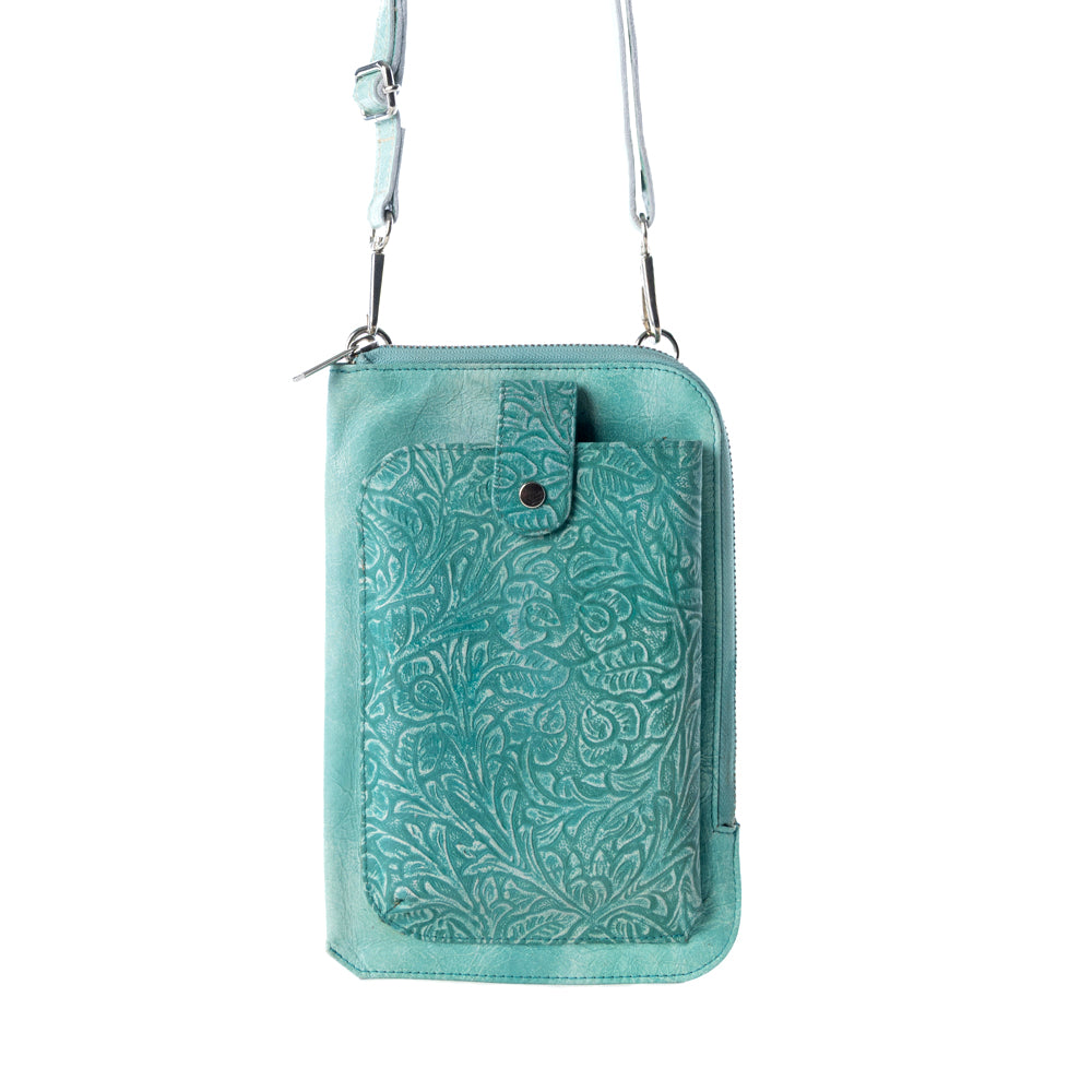 Coyote Bloom Embossed mini sling for Women in aqua with floral detail