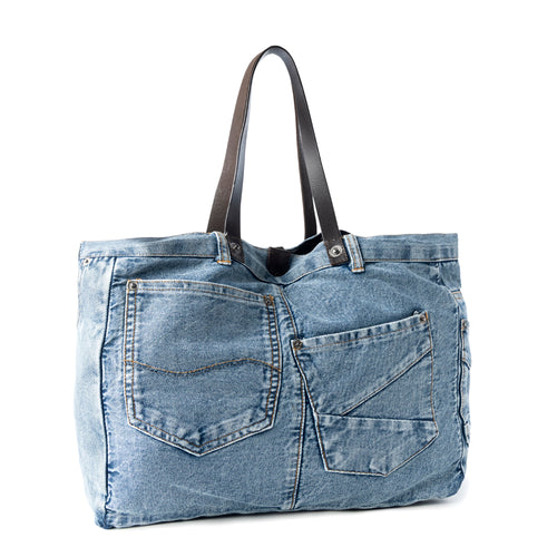 Billyjean Western denim Tote Bag for Women in denim blue with leather detail