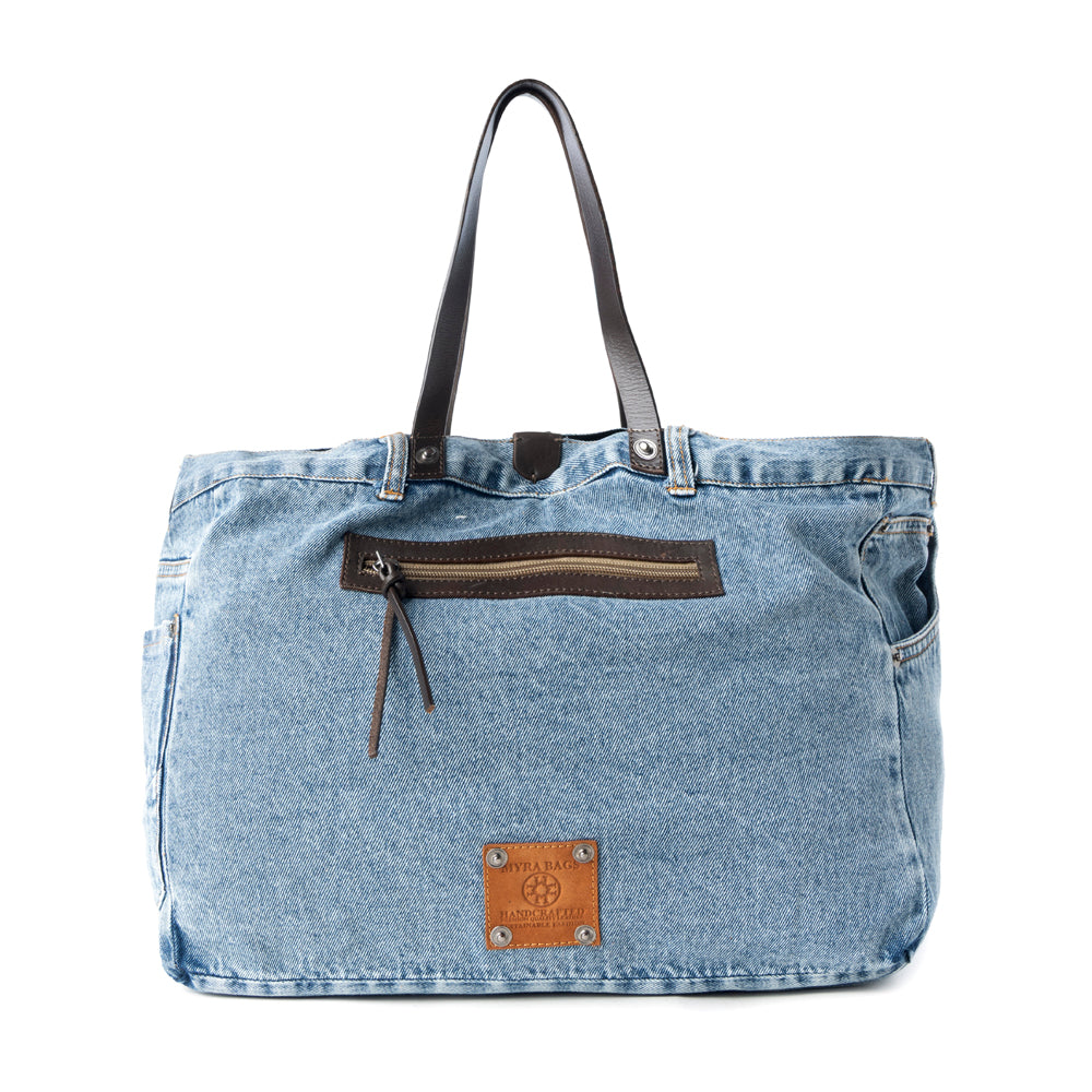 Billyjean Western denim Tote Bag for Women in denim blue with leather detail