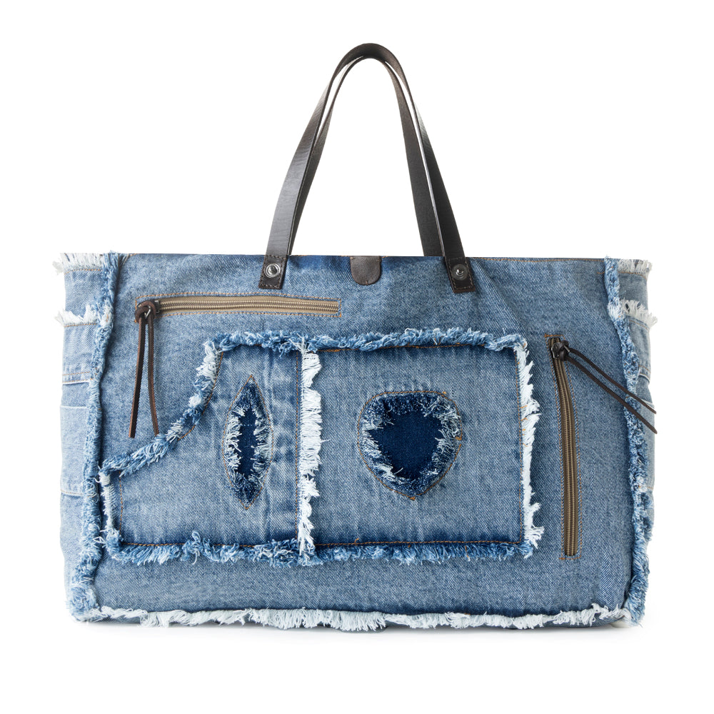 Frayed Frontier Western denim Tote Bag for Women in denim blue with fringe detail