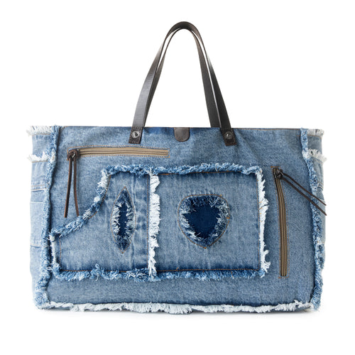 Frayed Frontier Western denim Tote Bag for Women in denim blue with fringe detail