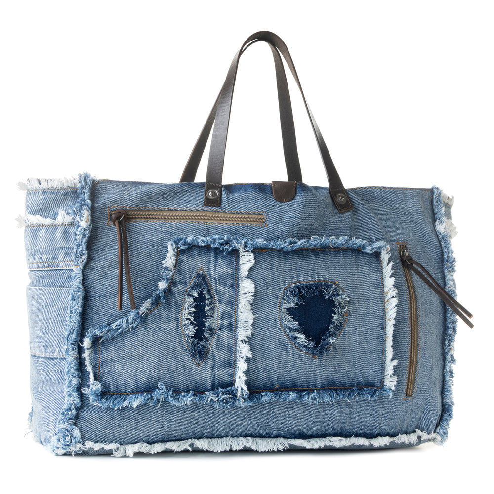 Frayed Frontier Western denim Tote Bag for Women in denim blue with fringe detail