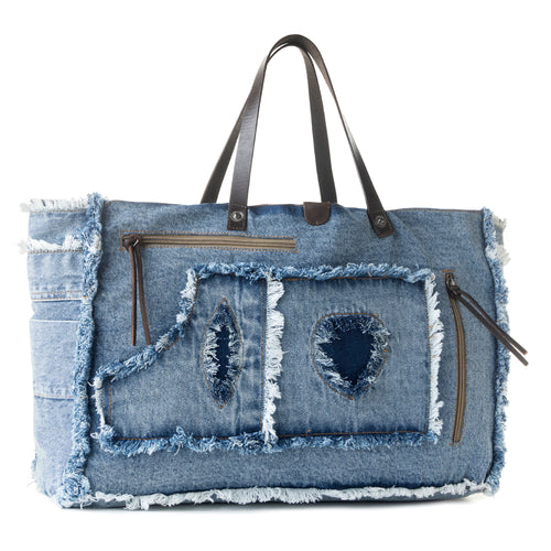 Frayed Frontier Western denim Tote Bag for Women in denim blue with fringe detail