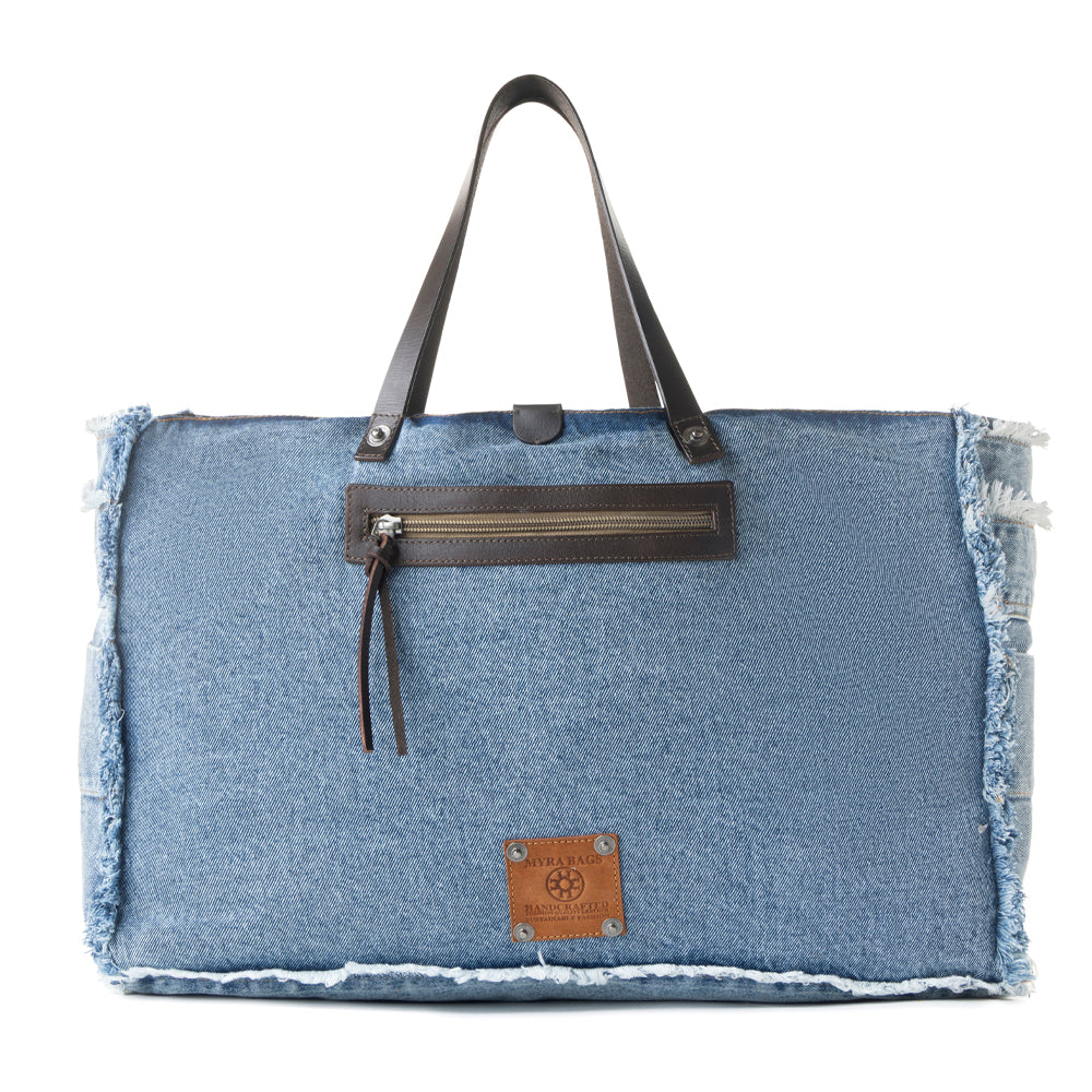 Frayed Frontier Western denim Tote Bag for Women in denim blue with fringe detail