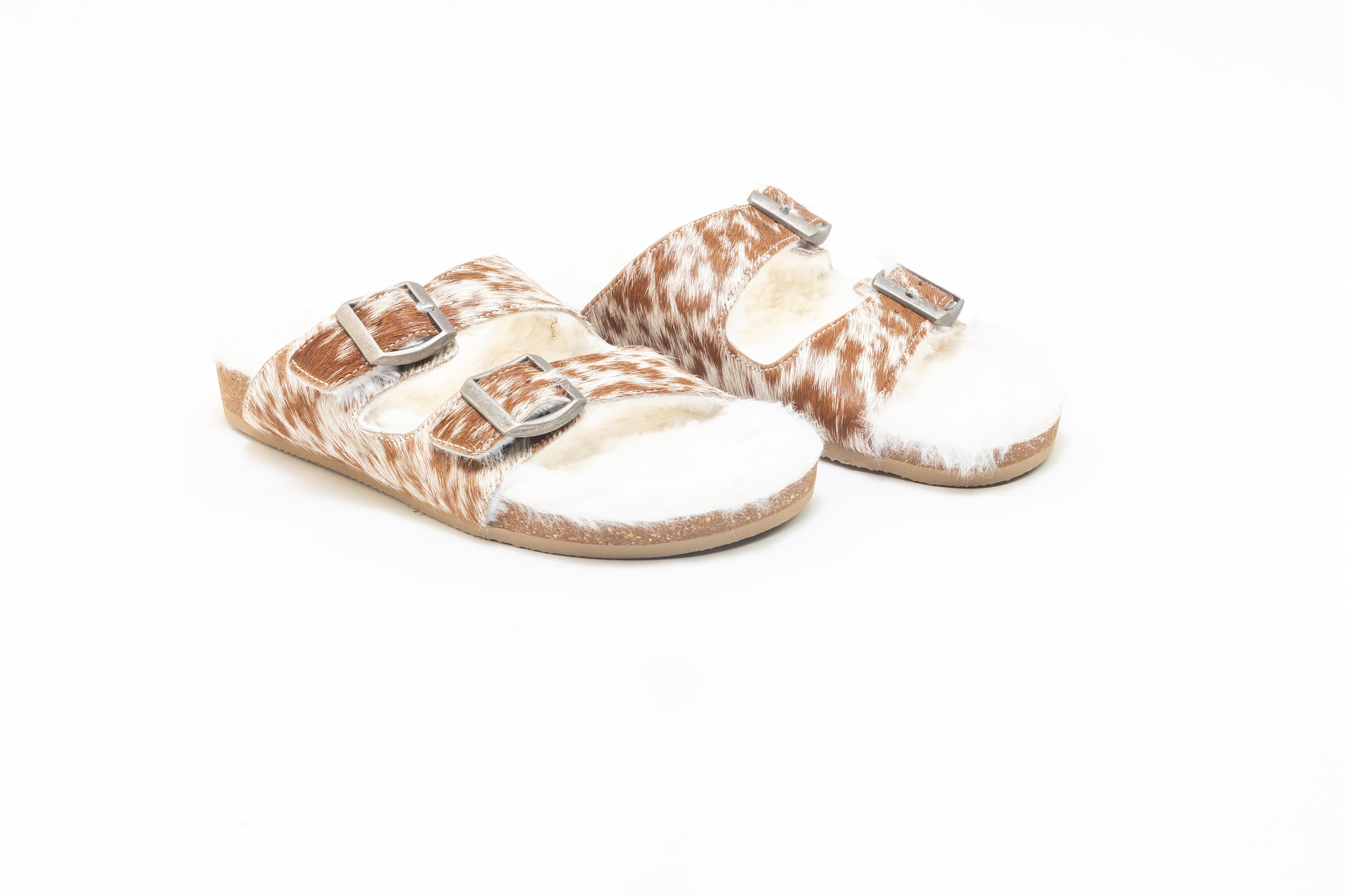 Prairie Winds Fur Comfort Hairon Leather Sandals In Brown & White