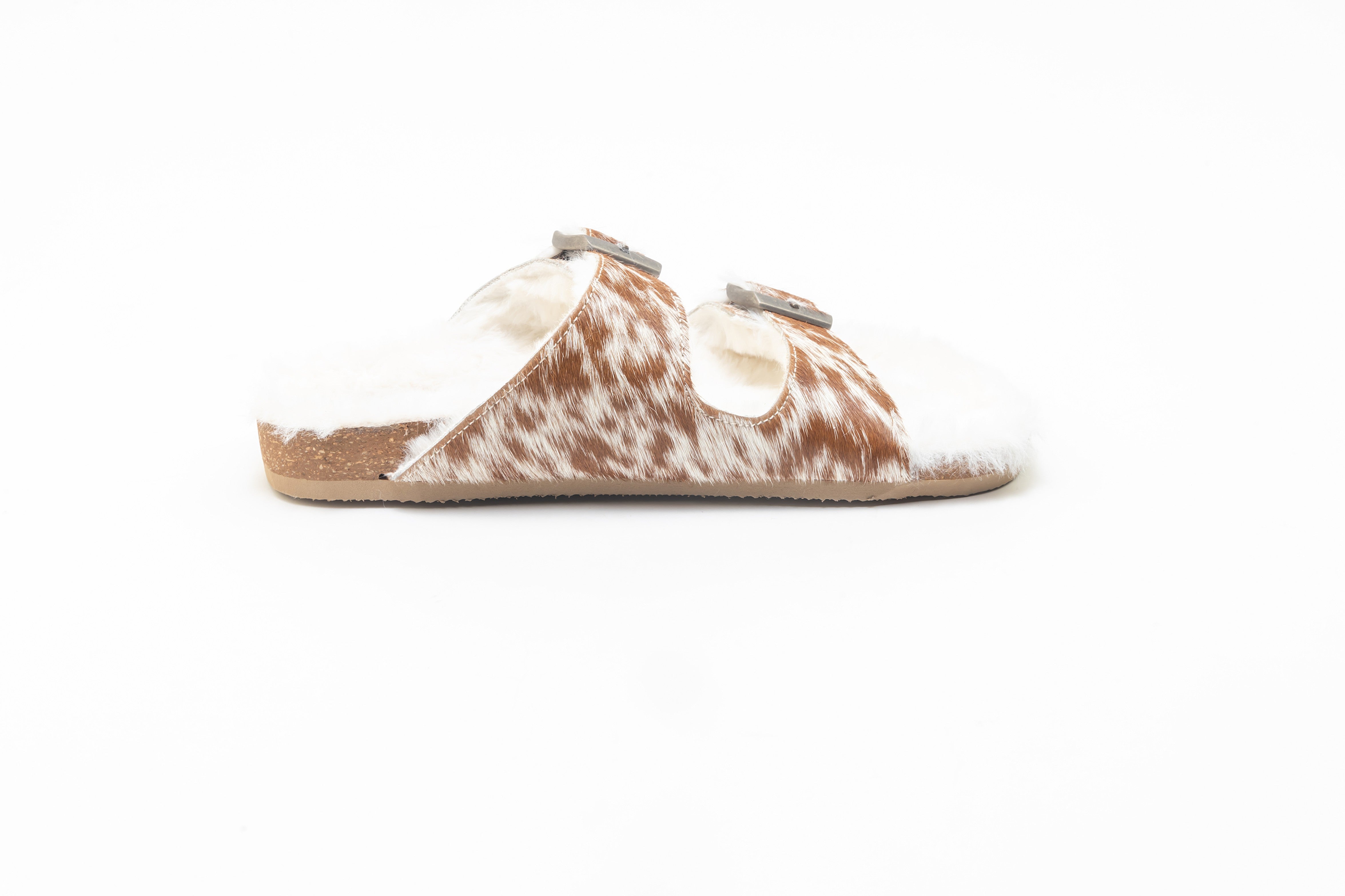 Prairie Winds Fur Comfort Hairon Leather Sandals In Brown & White
