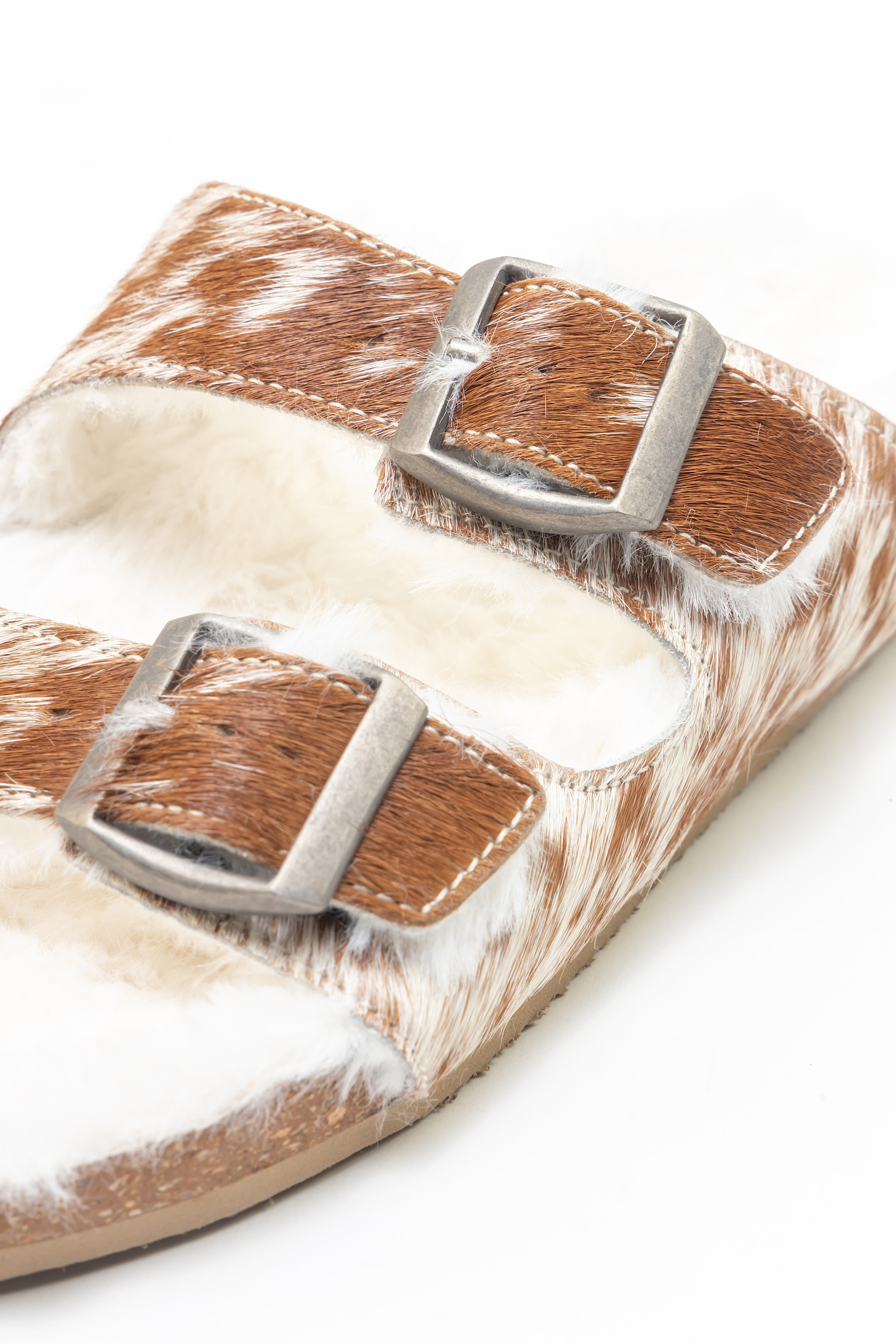 Prairie Winds Fur Comfort Hairon Leather Sandals In Brown & White