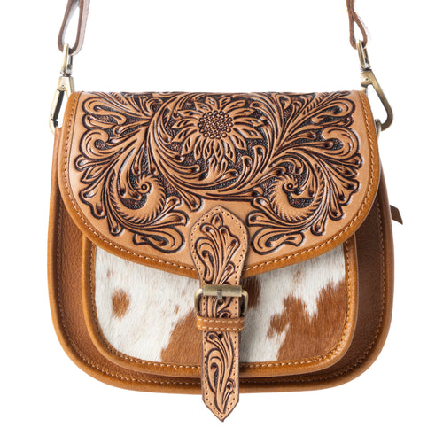 Goldrush Saddle handtooled Bag for Women in saddle tan with hair-on detail