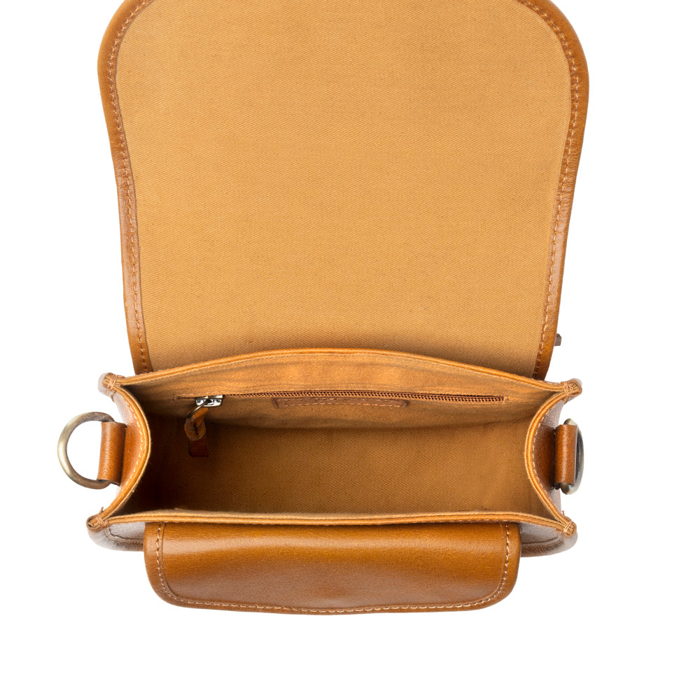 Goldrush Saddle handtooled Bag for Women in saddle tan with hair-on detail