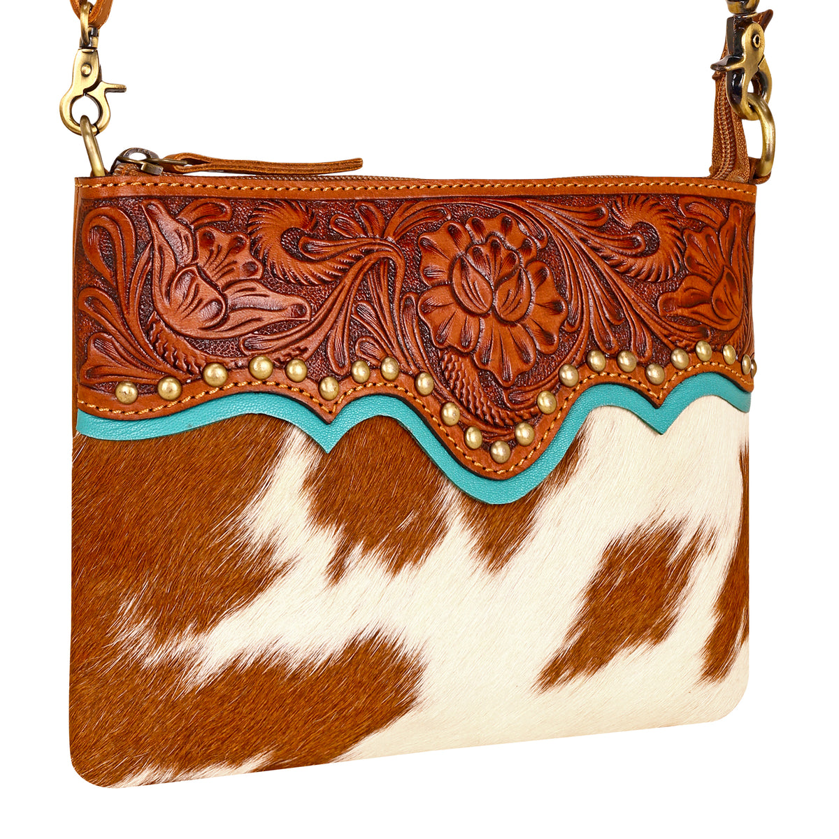 Latigo Crossbody Bag for Women in brown with hair on and handtooled leather