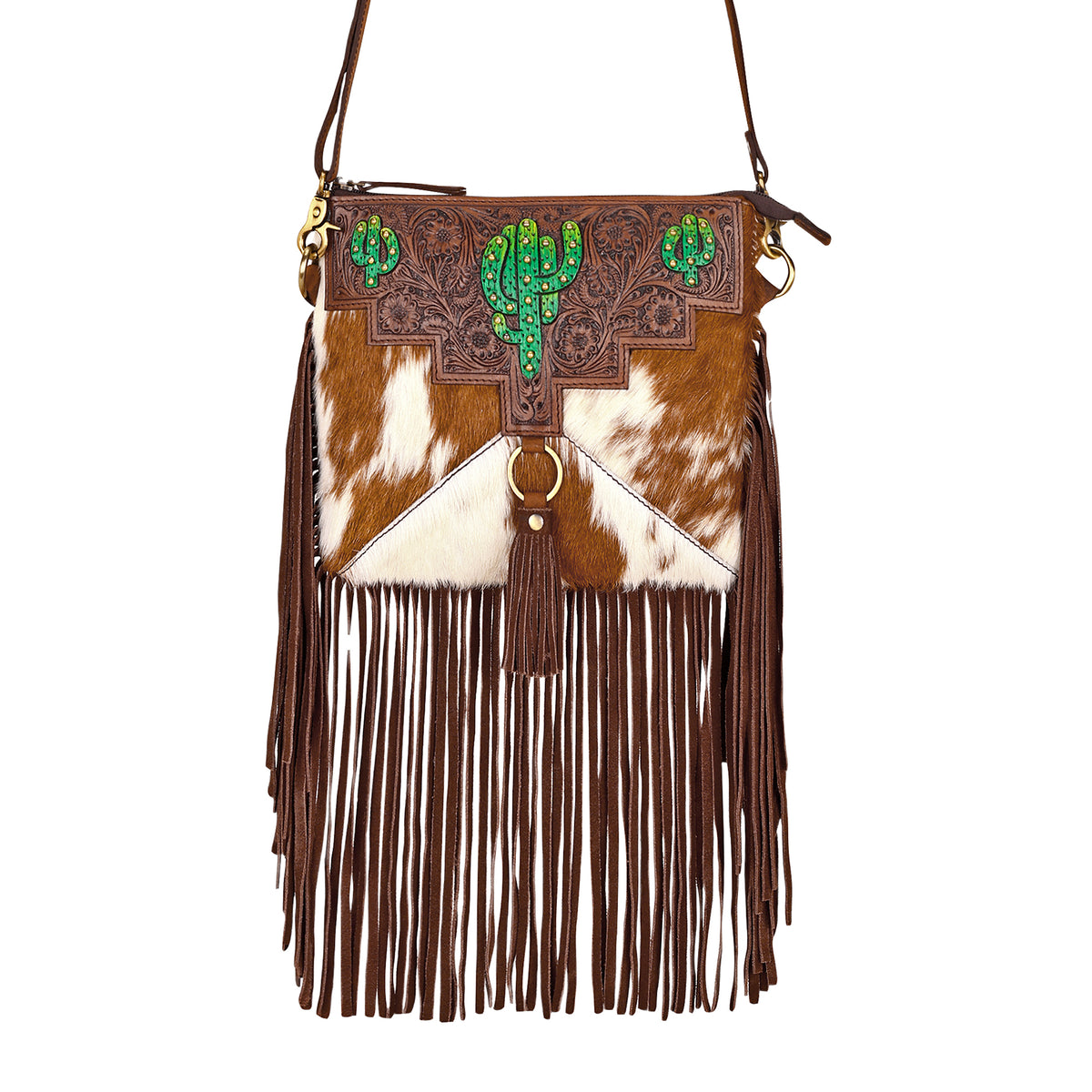 Brindis Crossbody Bag for Women in brown with hair on and handtooled leather