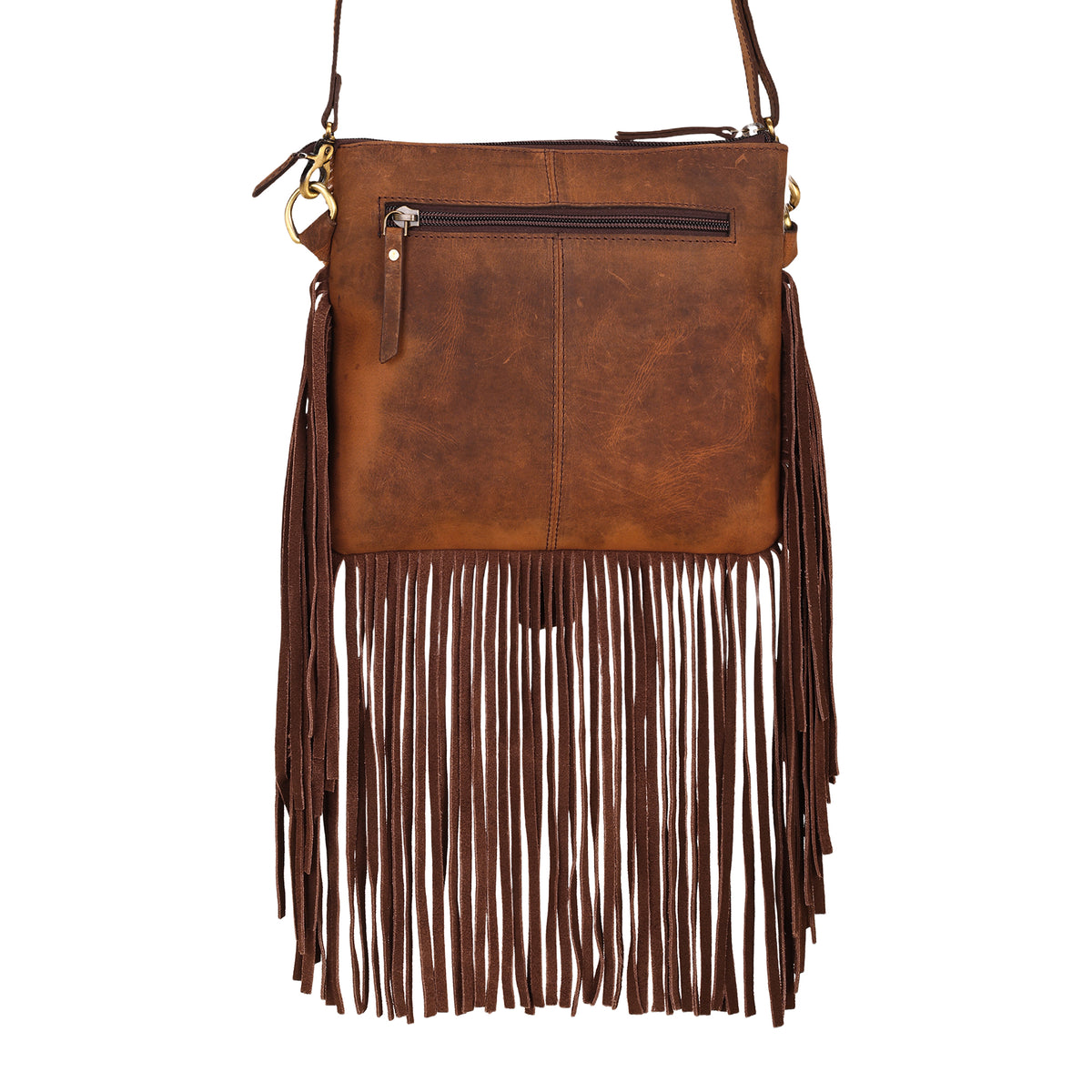 Brindis Crossbody Bag for Women in brown with hair on and handtooled leather