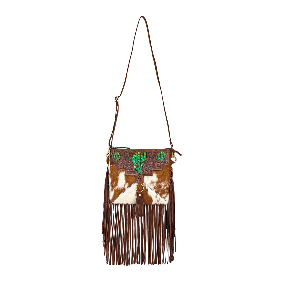 Brindis Crossbody Bag for Women in brown with hair on and handtooled leather