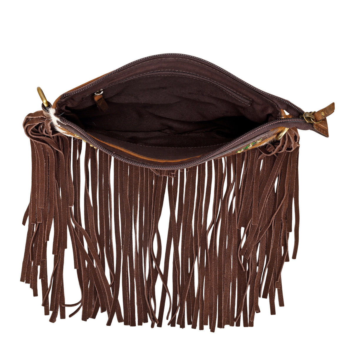 Brindis Crossbody Bag for Women in brown with hair on and handtooled leather