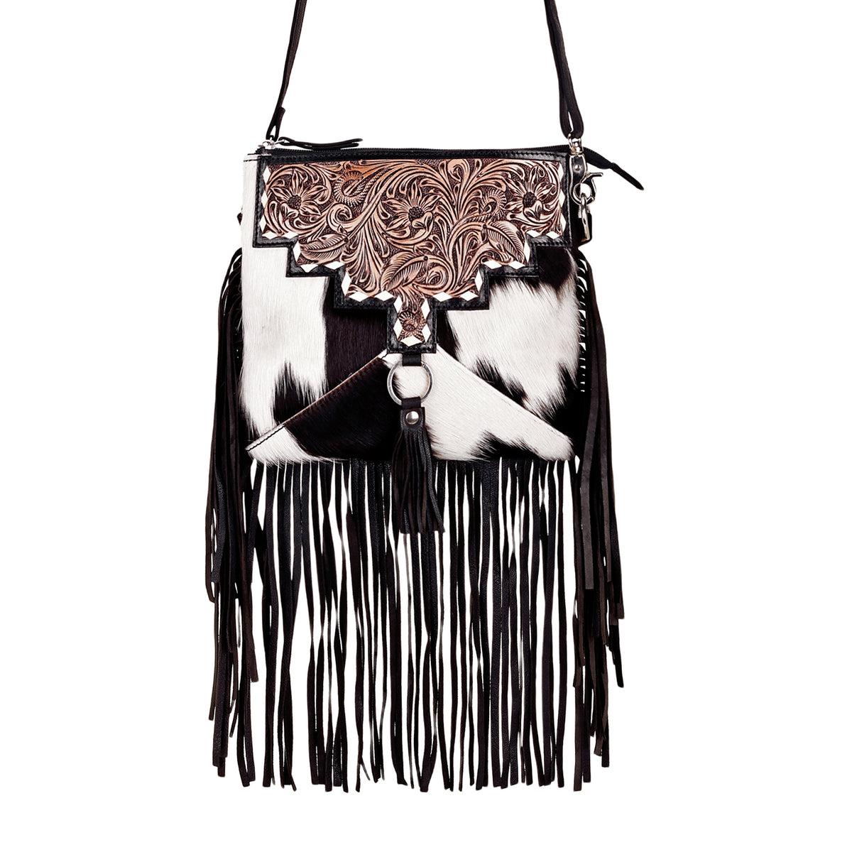 Brindis Crossbody Bag for Women in black with hair on and handtooled leather