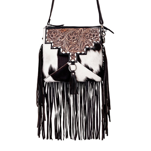 Brindis Crossbody Bag for Women in black with hair on and handtooled leather