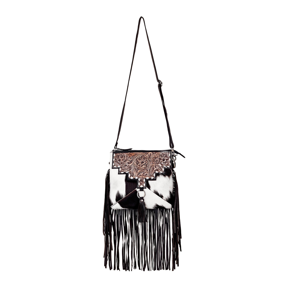 Brindis Crossbody Bag for Women in black with hair on and handtooled leather