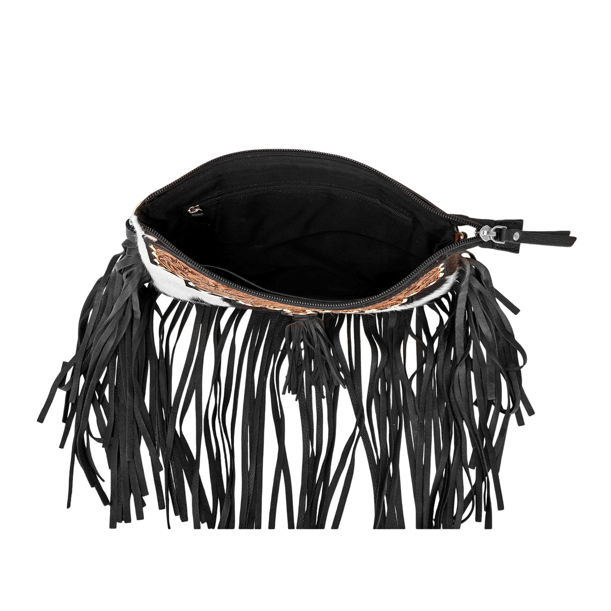 Brindis Crossbody Bag for Women in black with hair on and handtooled leather