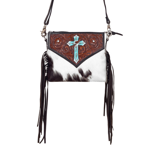 Shalom Crossbody Bag for Women in black with hair on and handtooled cross
