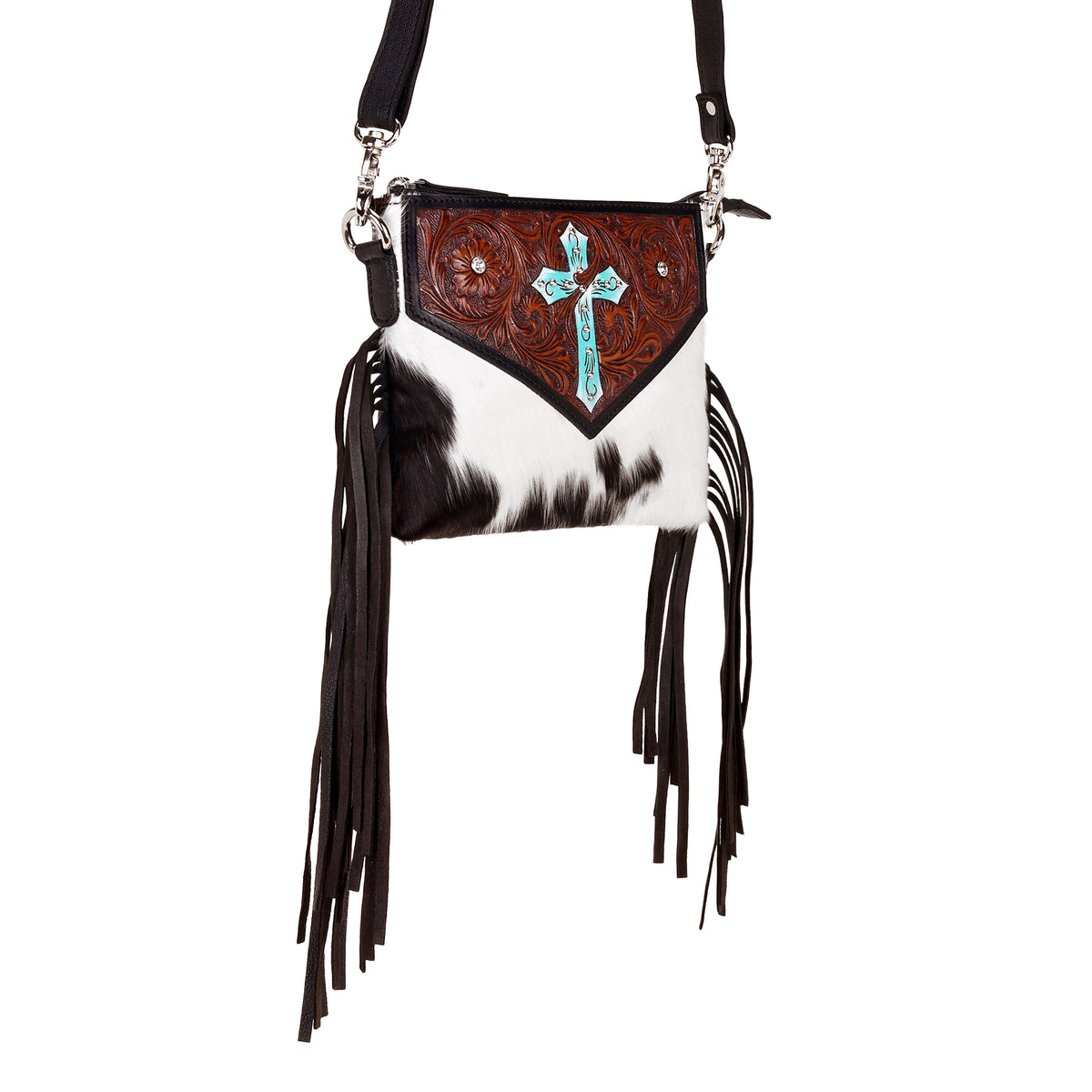 Shalom Crossbody Bag for Women in black with hair on and handtooled cross