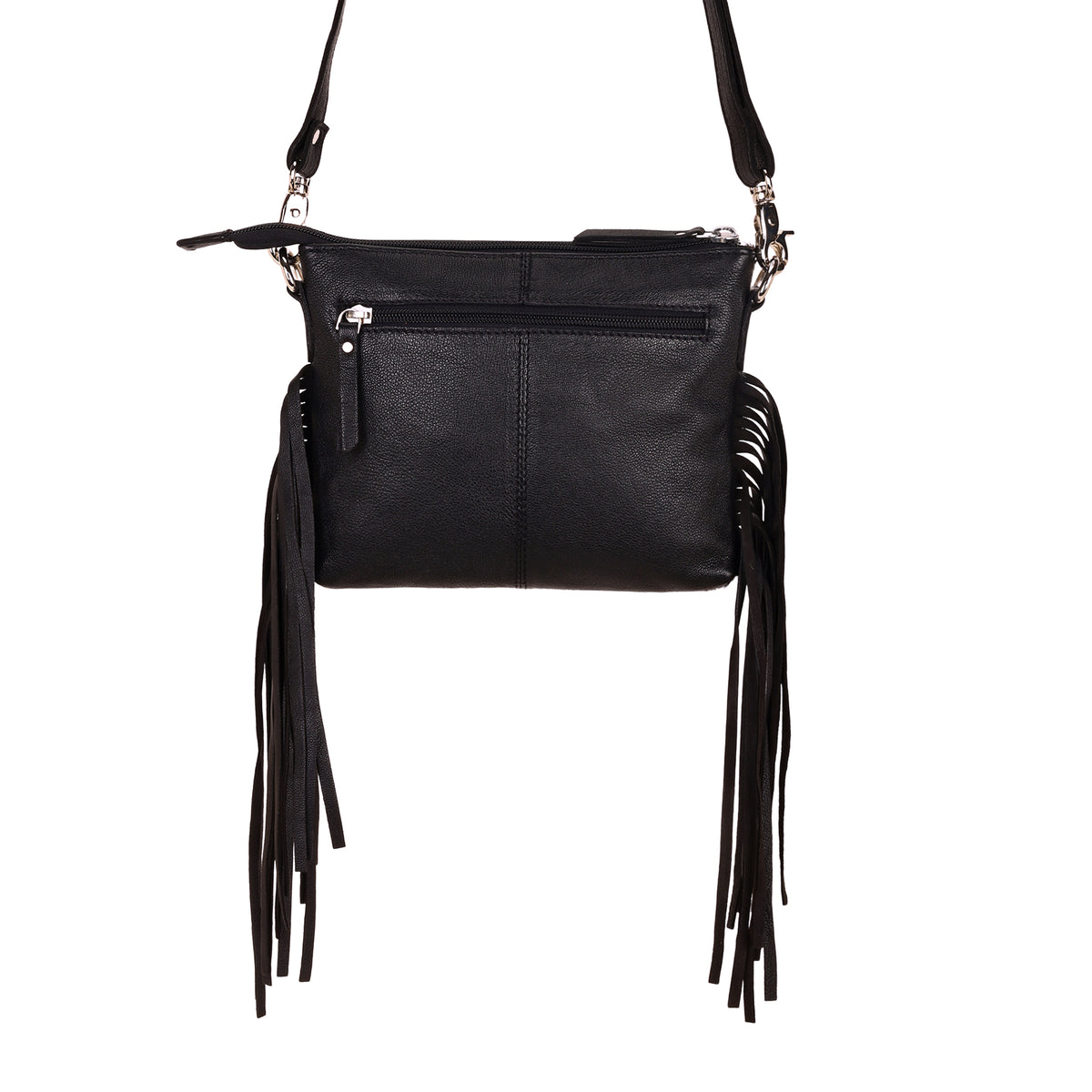 Shalom Crossbody Bag for Women in black with hair on and handtooled cross