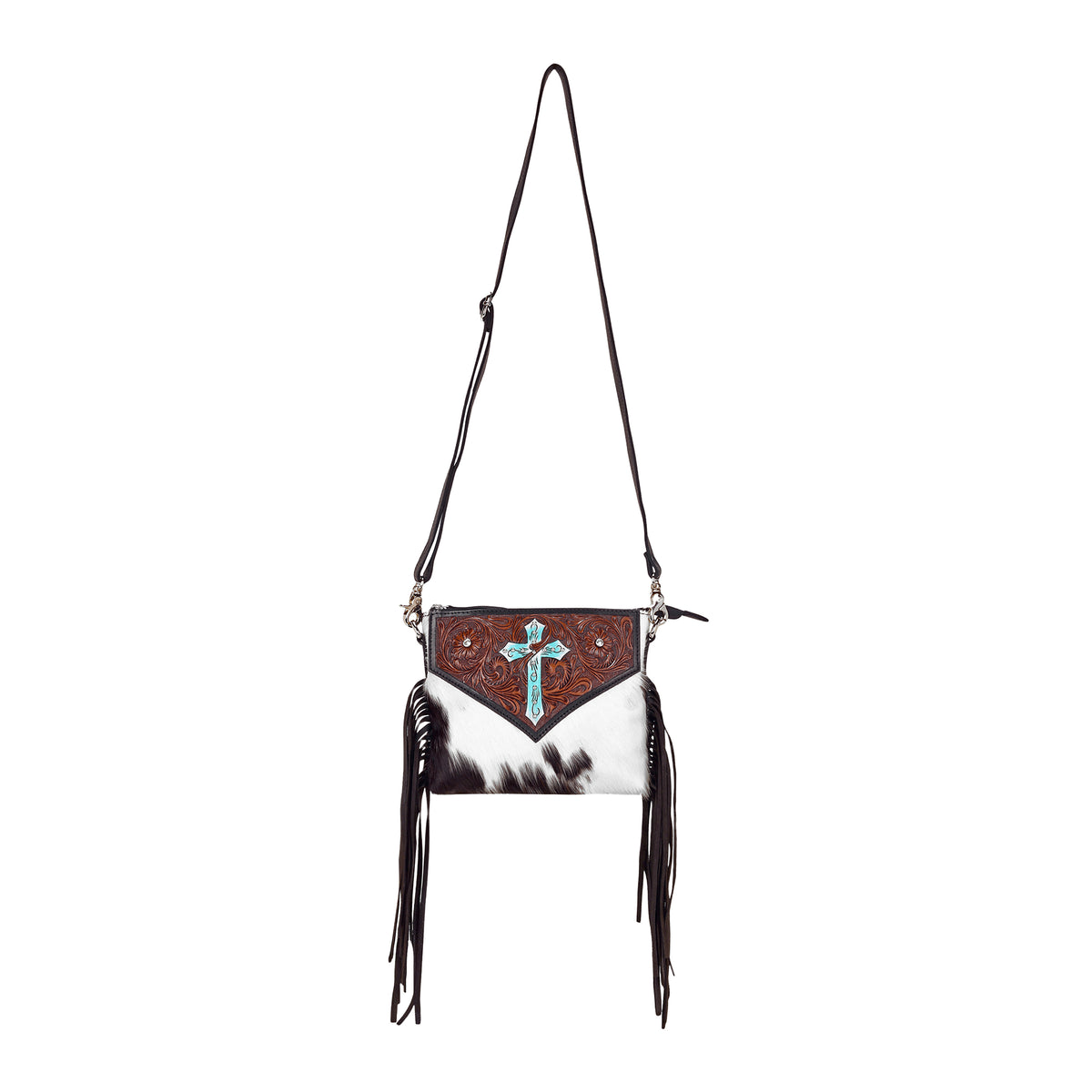 Shalom Crossbody Bag for Women in black with hair on and handtooled cross