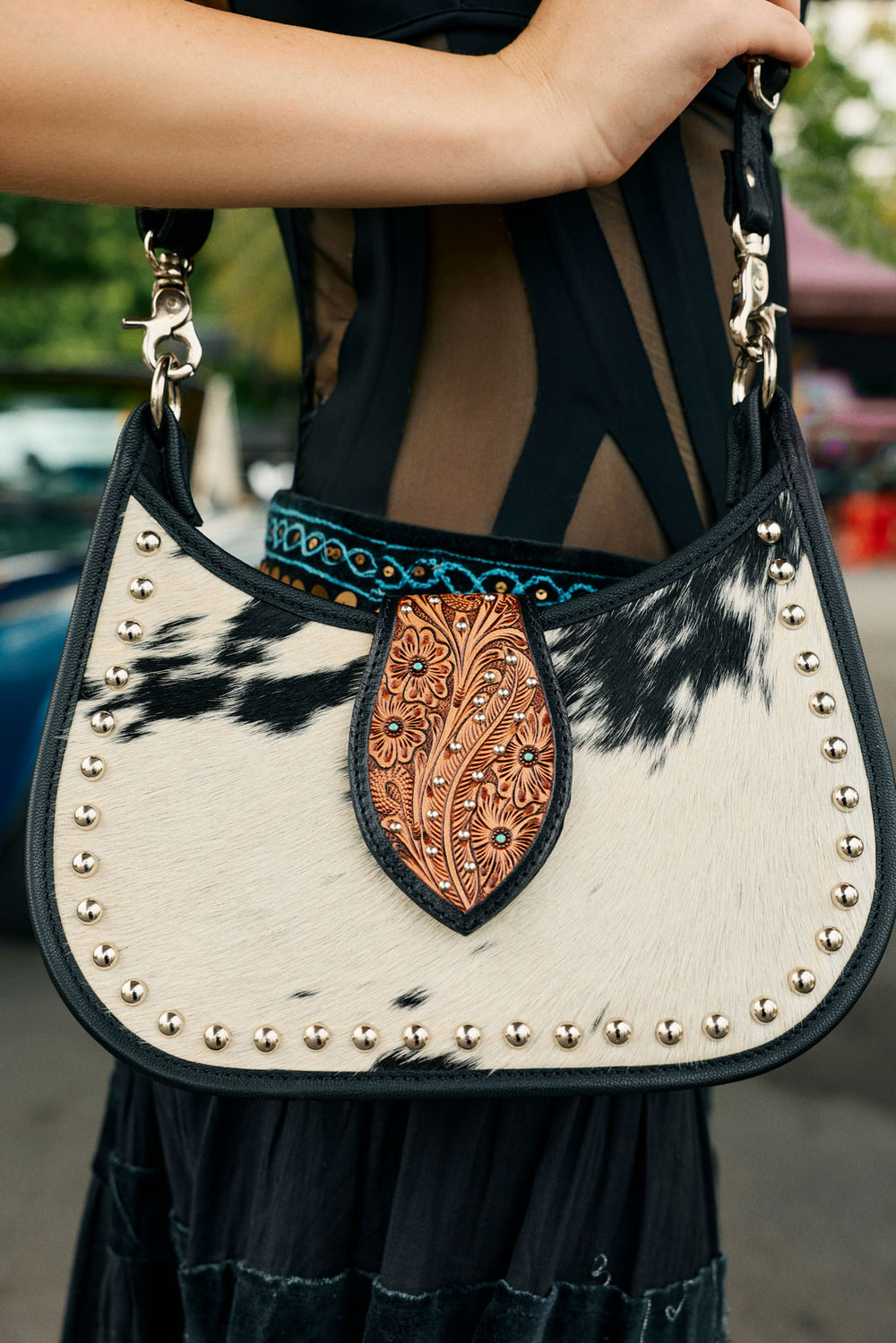 Santa Fe Handtooled Bag for Women in Black with hairon and studded detail