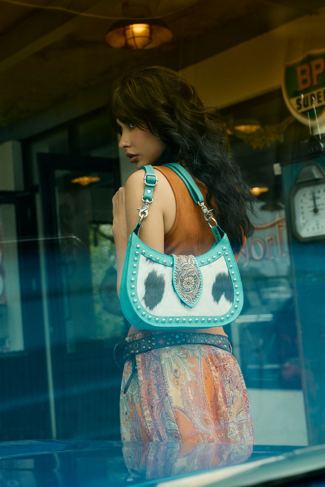 Santa Fe Handtooled Bag for Women in Turquoise with hairon and studded