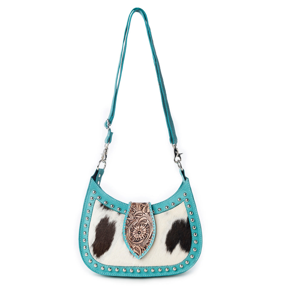 Santa Fe Handtooled Bag for Women in Turquoise with hairon and studded