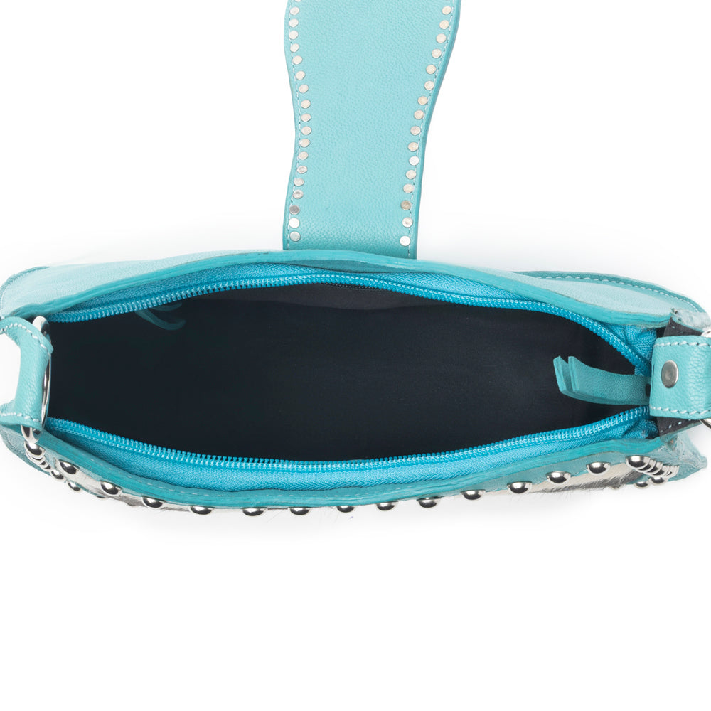 Santa Fe Handtooled Bag for Women in Turquoise with hairon and studded