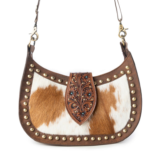 Santa Fe Handtooled Bag for Women in Brown with hairon and studded detail