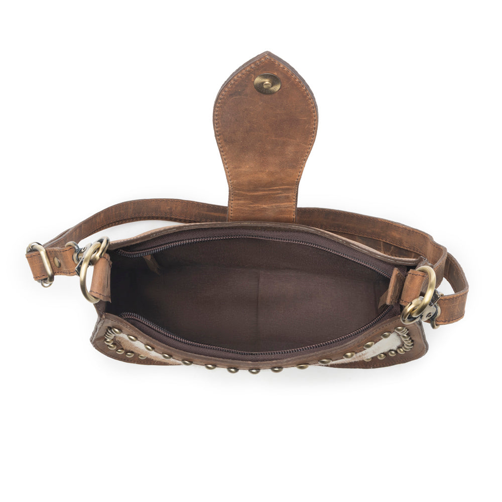 Santa Fe Handtooled Bag for Women in Brown with hairon and studded detail