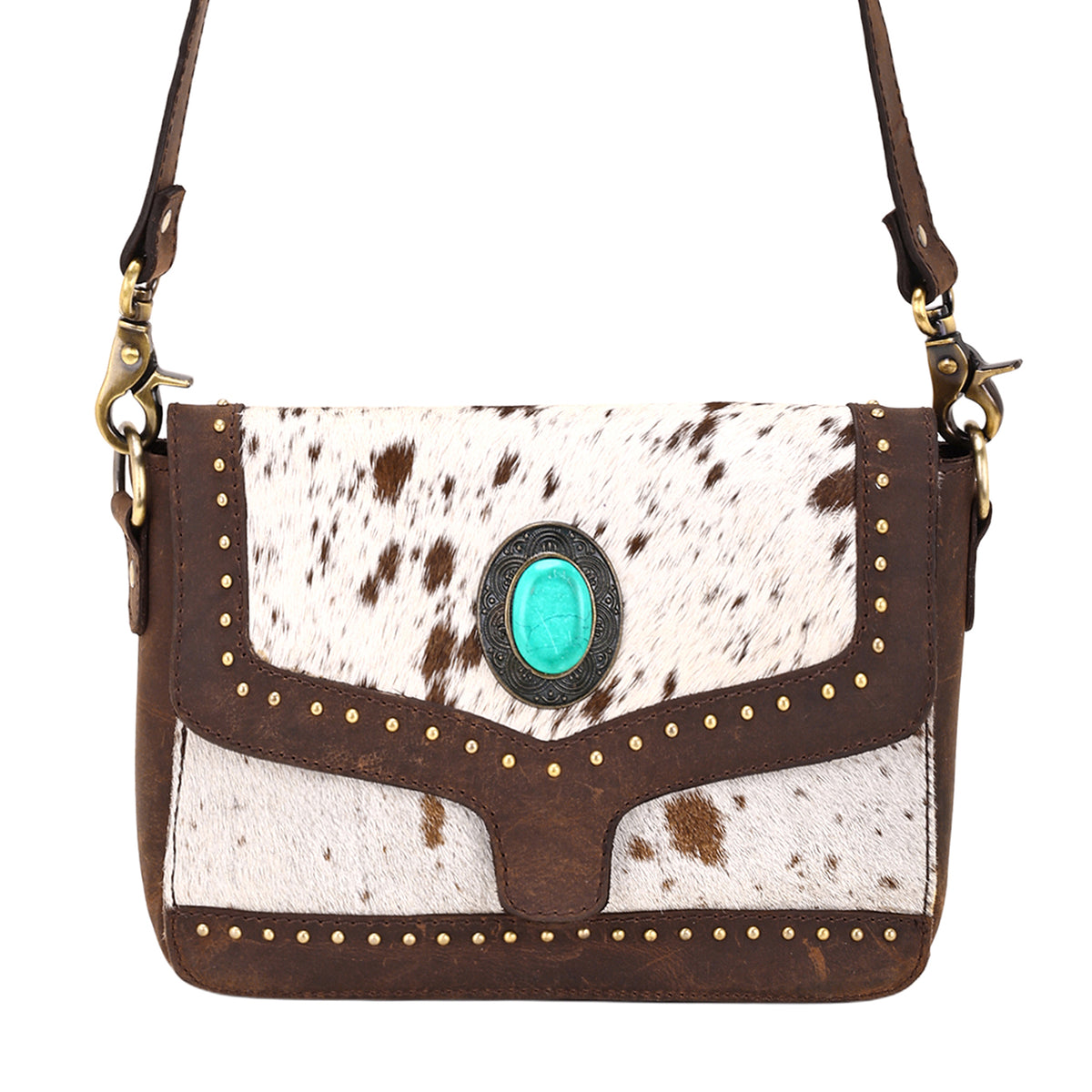 Dustridge Crossbody Bag for Women in brown with hair on, studs and turquoise concho