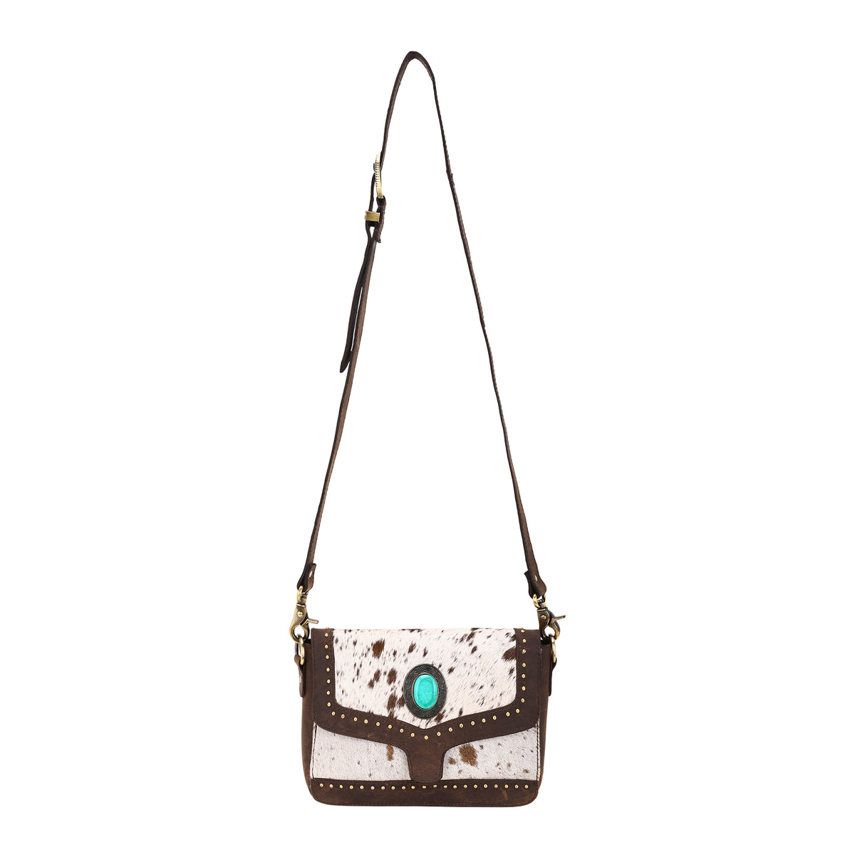 Dustridge Crossbody Bag for Women in brown with hair on, studs and turquoise concho
