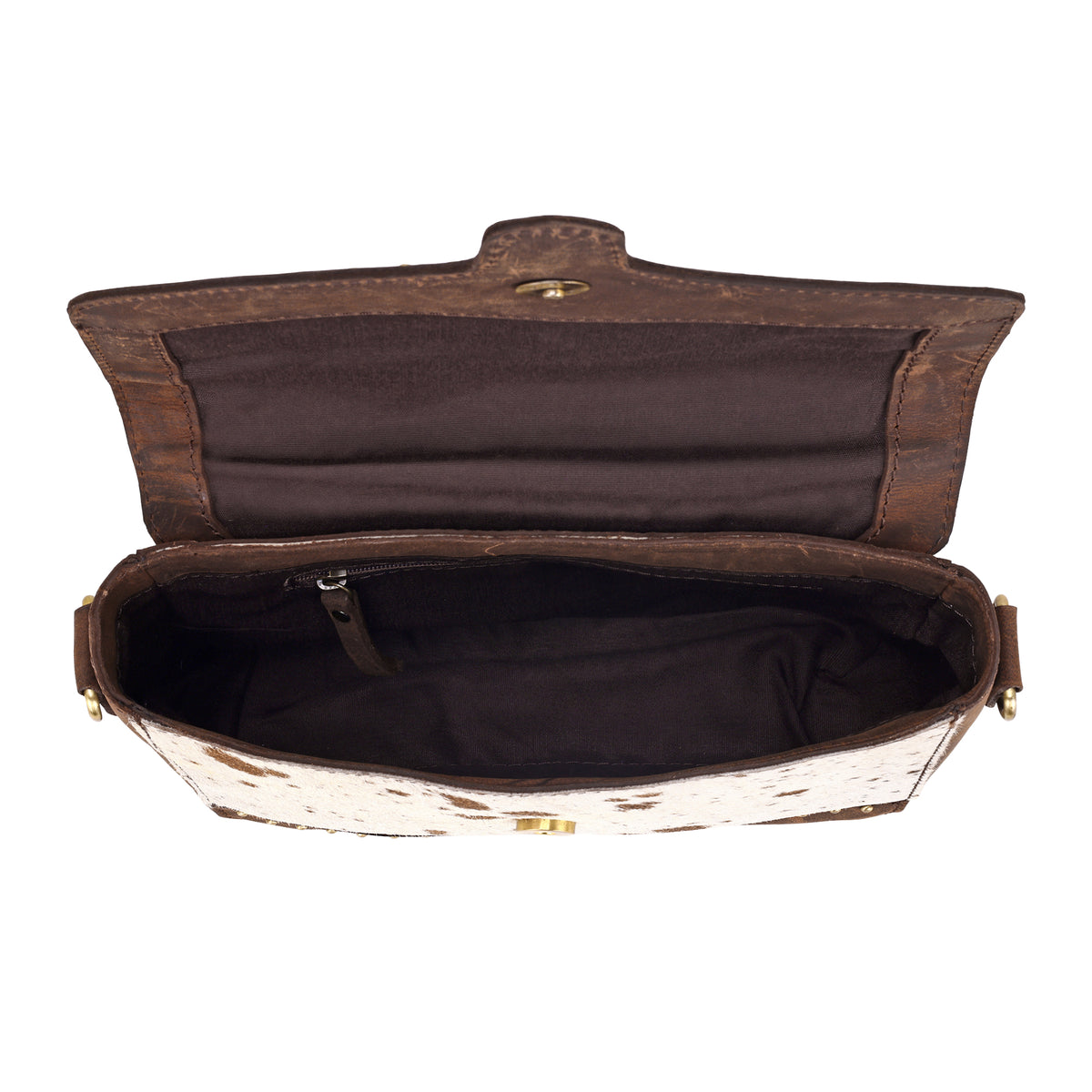 Dustridge Crossbody Bag for Women in brown with hair on, studs and turquoise concho