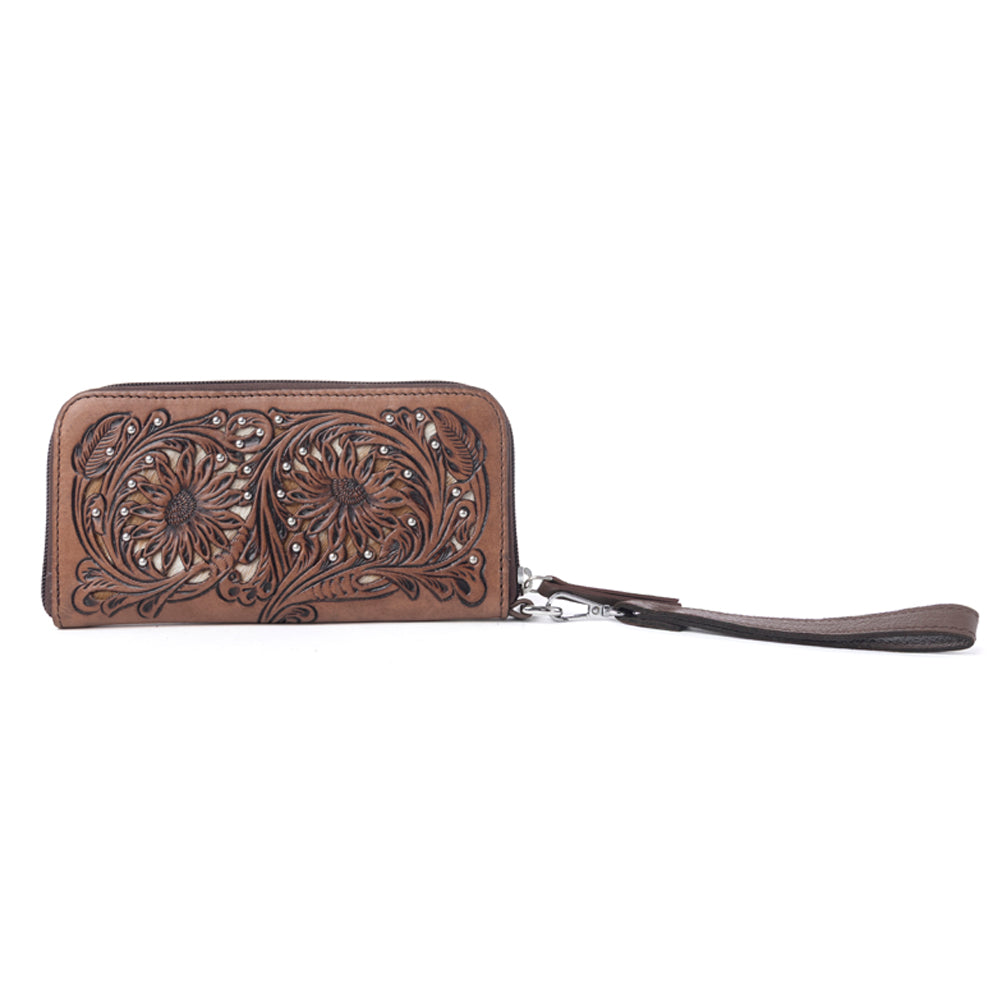 Autumn Brook Handtooled Hairon Leather Women’s Wallet in Toffee Saddle