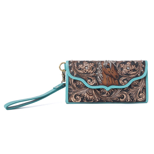 Sunfire Valley Handtooled Hairon Leather Women’s Wallet in Turquoise Pearl