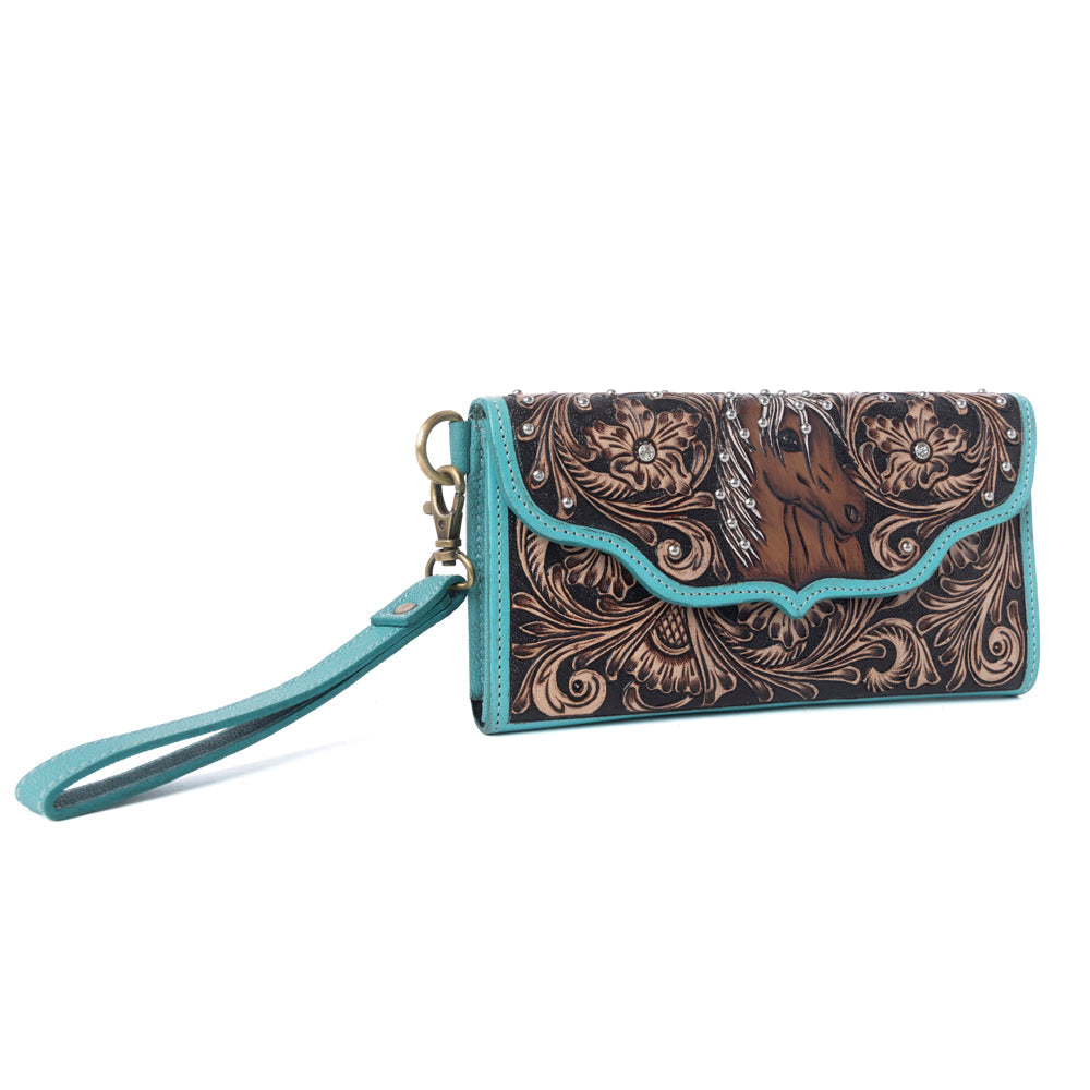 Sunfire Valley Handtooled Hairon Leather Women’s Wallet in Turquoise Pearl