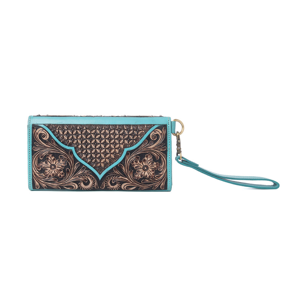 Sunfire Valley Handtooled Hairon Leather Women’s Wallet in Turquoise Pearl
